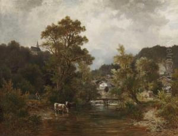 Hirtin Mit Kuhen Am Dorfbach In Voralpenlandschaft Oil Painting by Ludwig Skell