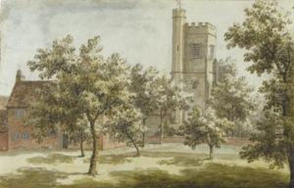 A Church Tower Seen From An Orchard, Probably St. Mary's,beddington Oil Painting by Jonathan Skelton