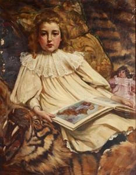 Young Girl With Doll And Picture Book Seated On A Tiger Skin Rug Oil Painting by Joseph Skelton