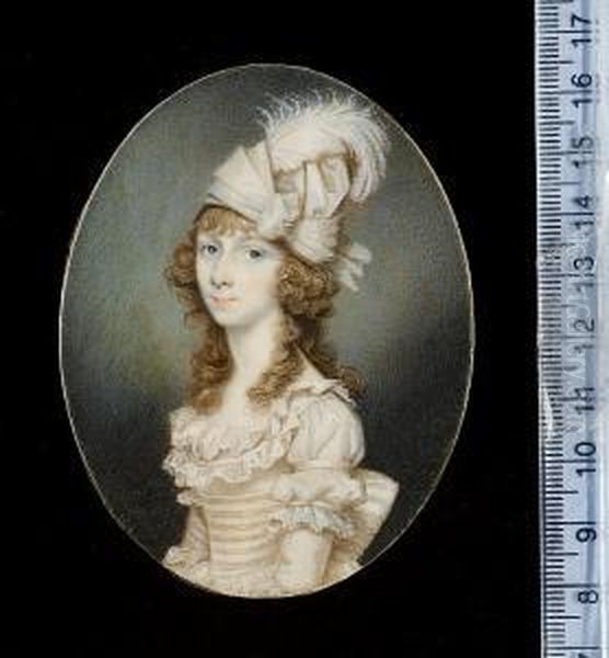 A Lady, Wearing White Dress With Striped Bodice, Lace Edging On The Sleeves And Neckline, A White Turban Hat Decorated With A Large Bow And Feather Over Her Brown Curls Oil Painting by Archibald Skirving