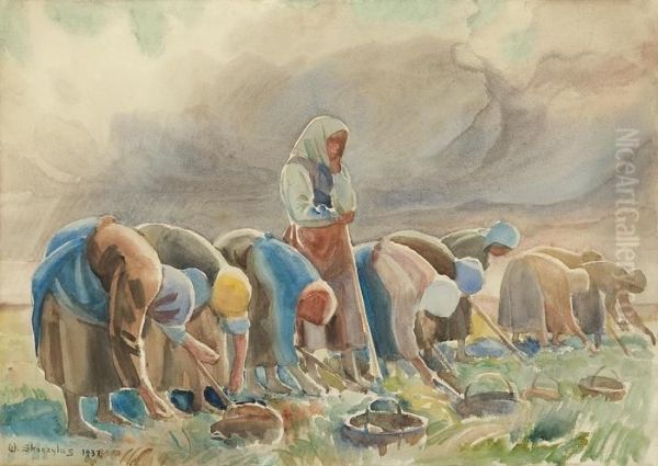 In The Field. Beets Digging Oil Painting by Wladyslaw Skoczylas