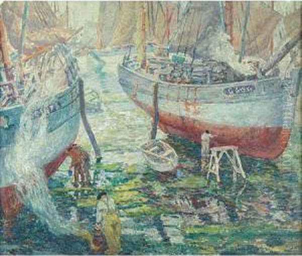 In The Harbour, Painting Boats Oil Painting by Sigurd Skou