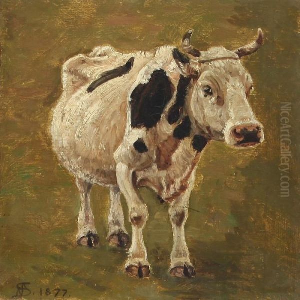 A Piebald Cow Oil Painting by Niels Skovgaard