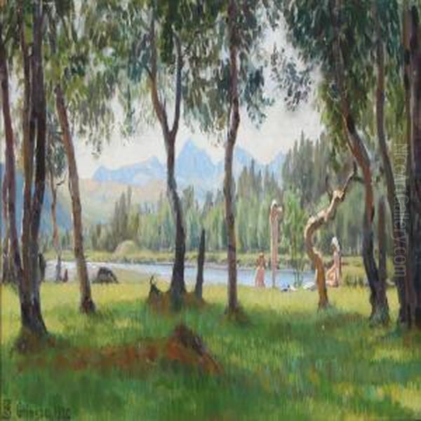 Scenery From A Lake With Naked Women Oil Painting by Niels Skovgaard