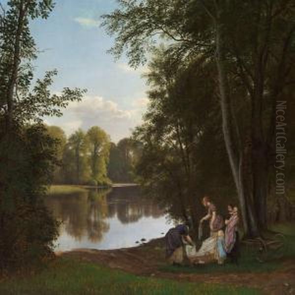 Quiet Summer Evening At A Lake In The Forest Oil Painting by P. C. Skovgaard