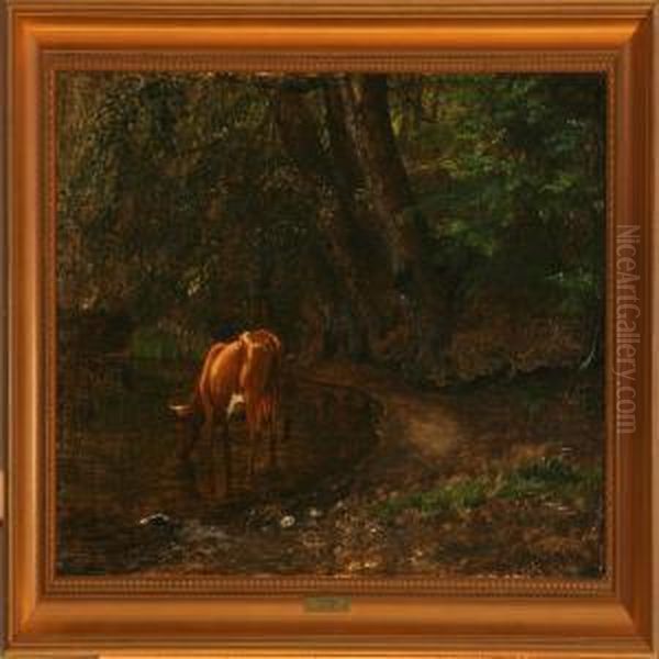 Cow Watering In Alake In The Forest Oil Painting by P. C. Skovgaard