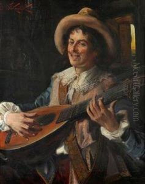 A Lute Player Oil Painting by Jan Skramlik