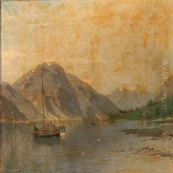 Fiord Scene From Norway Oil Painting by Ludvig Skramstad