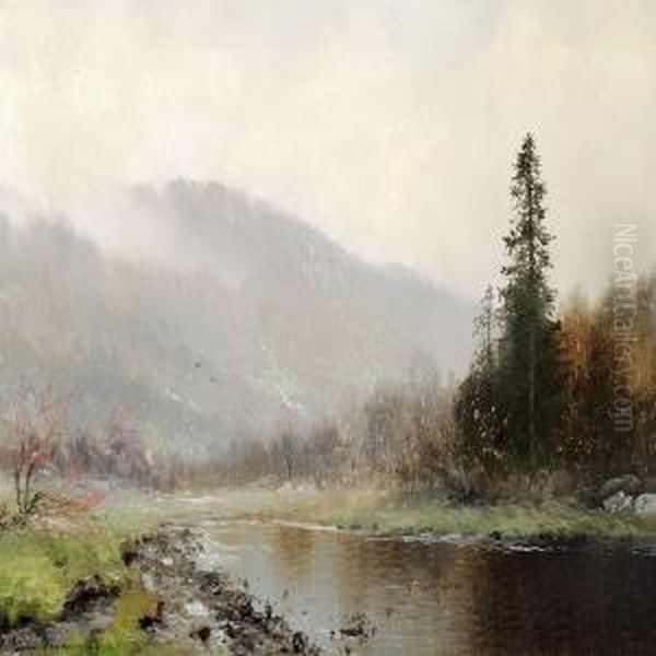 Norwegian River Landscape Oil Painting by Ludvig Skramstad