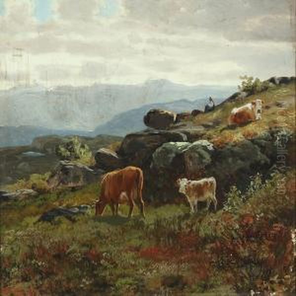 Norwegian Landscape With Young Girl Guarding Cows Oil Painting by Christian Eriksen Skredsvig