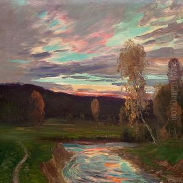 Sunset At Eggedal, Norway Oil Painting by Christian Eriksen Skredsvig