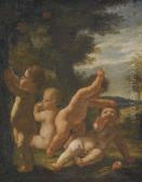 Four Putti Playing In A Landscape Oil Painting by Karel Skreta