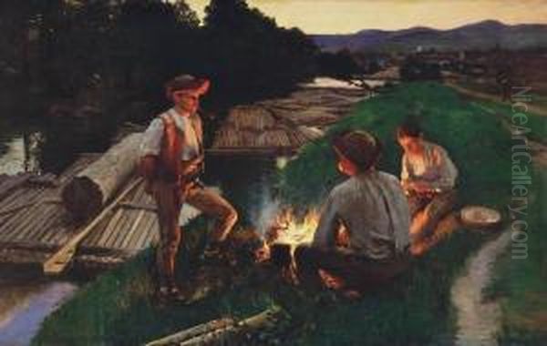 Campfire On The River Bank (raftsmen By The River Garam), Around 1905 Oil Painting by Dome Skuteczky