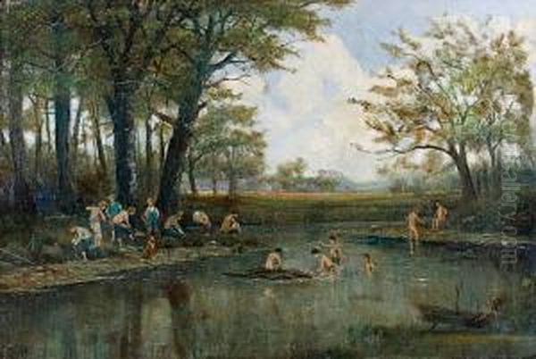 Boys Swimming, Wiltse Creek, Athens,ontario Oil Painting by Crawford Slack