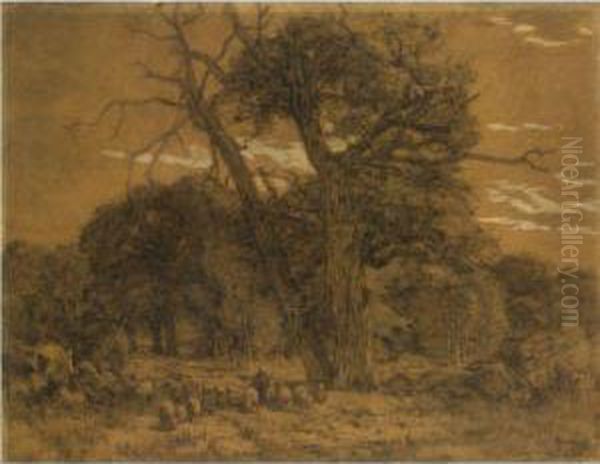 A Shepherdess And Her Flock, Barbizon Oil Painting by Frans Slager