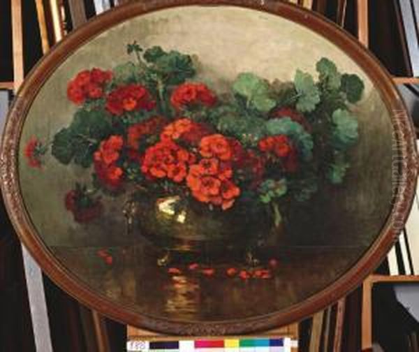 Geraniums In Koperen Pot Oil Painting by Jeannette Slager