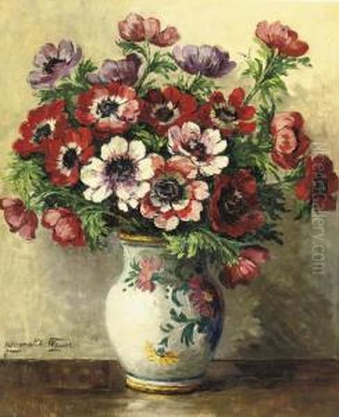 Colourful Anemones In A Earthenware Vase Oil Painting by Jeannette Slager