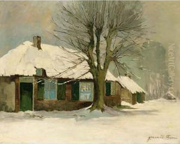 Farmhouses In The Snow Oil Painting by Jeannette Slager