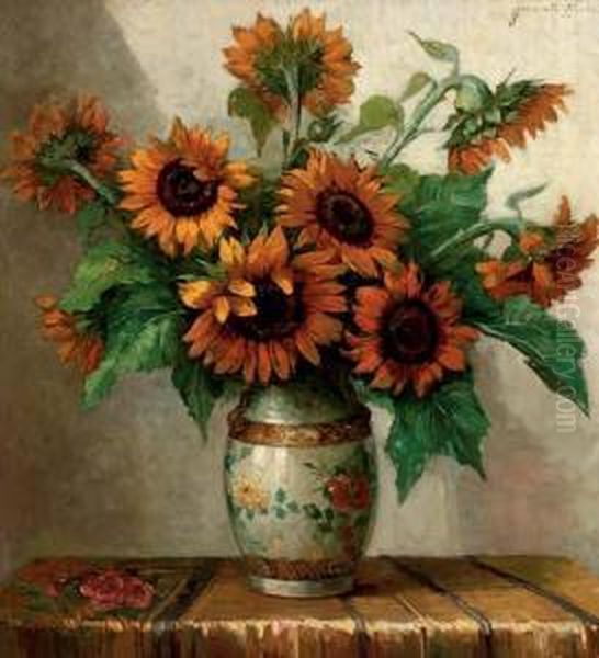 Sunflowers In A Vase Oil Painting by Jeannette Slager