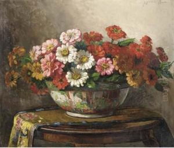 Summer Flowers In An Oriental Bowl On A Draped Table Oil Painting by Jeannette Slager