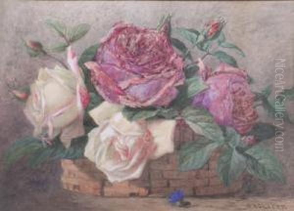 Roses In A Wicker Basket Oil Painting by Isaac Wane Slater