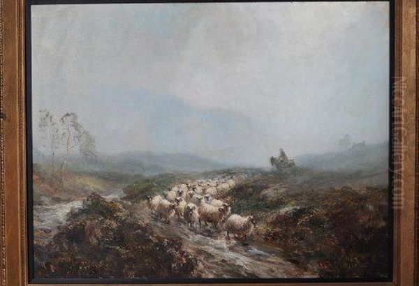 A Shepherd Mounted On A Horse Driving His Flock Along A Misty Moorland Track Oil Painting by John Falconar Slater