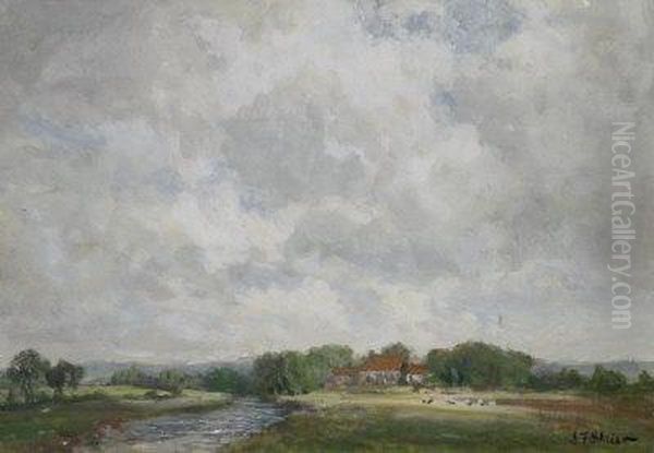 A Farm In A River Landscape Oil Painting by John Falconar Slater