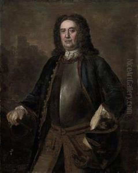 Portrait Of Major General Richard St. George, Three-quarter-length,in A Blue Coat And Breast Plate, A Tricorn In His Left Hand, Hisright Hand On A Canon, A Castle Beyond Oil Painting by Stephen Slaughter