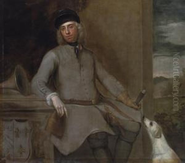 Portrait Of Charles Wither, Of Hall, Hampshire, M.p. (1684-1731), Three-quarter-length, In Hunting Dress, With A Hound, In A Landscape, His Coat-of-arms Lower Left Oil Painting by Stephen Slaughter