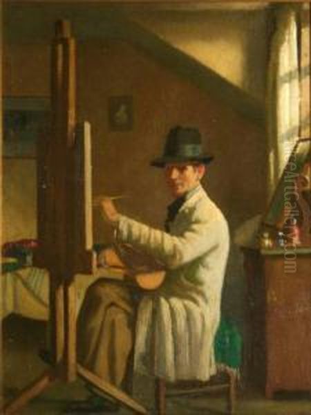 Self Portrait In Studio Oil Painting by James Sinton Sleator