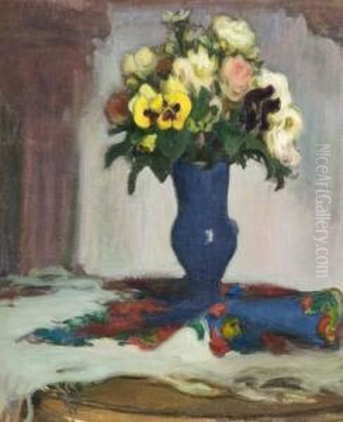 Bouquet De Fleurs Au Vase Bleu Oil Painting by Wladyslaw Slewinski