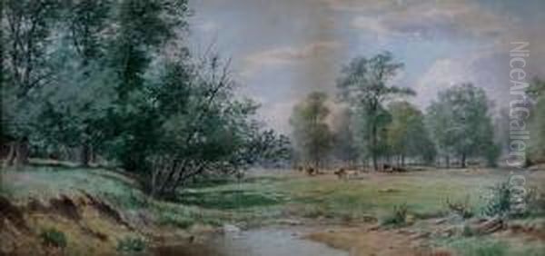 Landscape With Grazing Cows Oil Painting by Junius R. Sloan