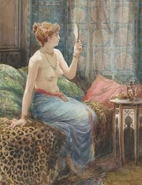 A Lady In A Richly Decorated Interior Oil Painting by Edward Slocombe