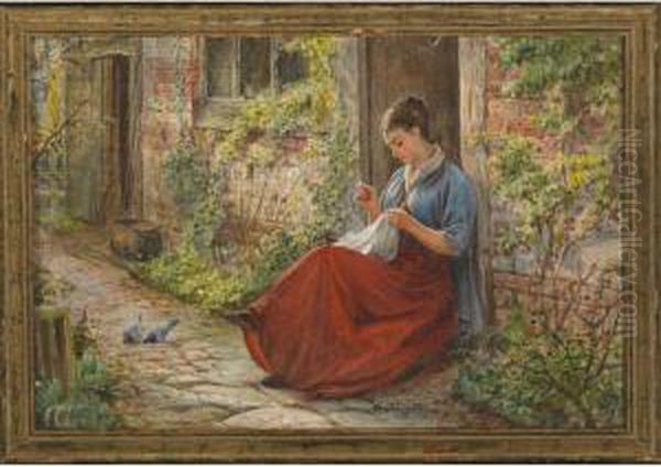 Woman Sewing At The Garden Door Oil Painting by Frederick Albert Slocombe