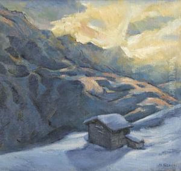 Winterliche Gebirgslandschaft Mit Alphutte. Oil Painting by Marcel, Marceli Slodki