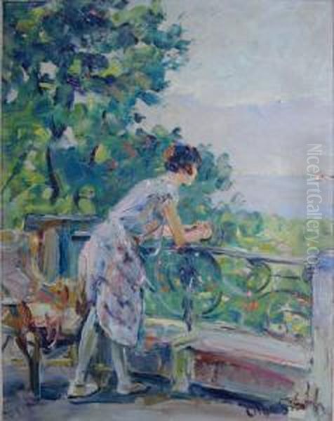 Youngwoman On A Balcony Oil Painting by Olga Slomszynska Slom