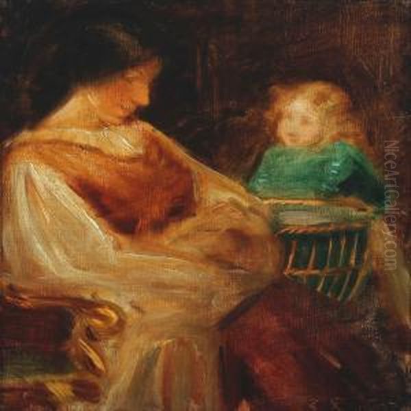 Interior Withgirl In Green Dress Watching Mother With Baby Oil Painting by Agnes Slott-Mrller