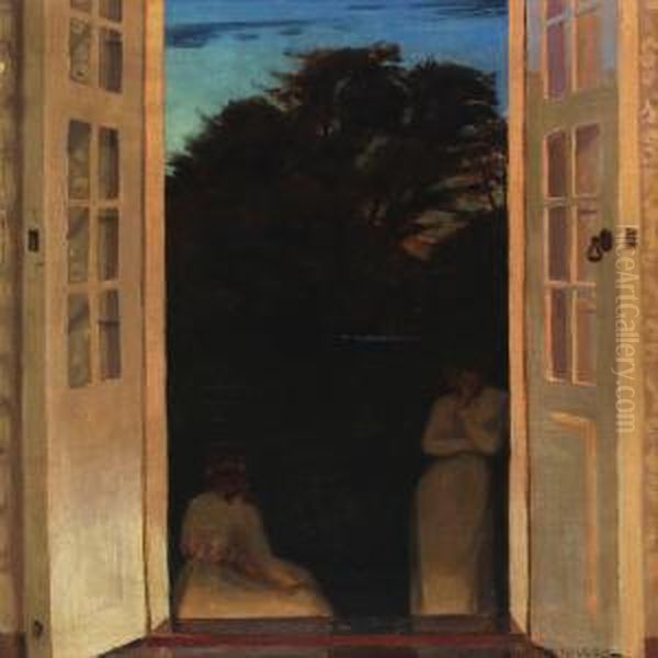 Evening With Two Women Conversating Oil Painting by Harald Slott-Moller