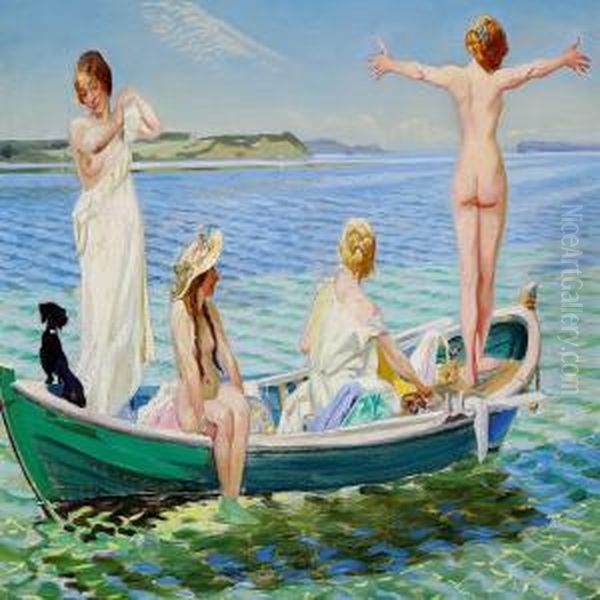 Girls In A Green Rowing Boat On A Summer Day Oil Painting by Harald Slott-Moller