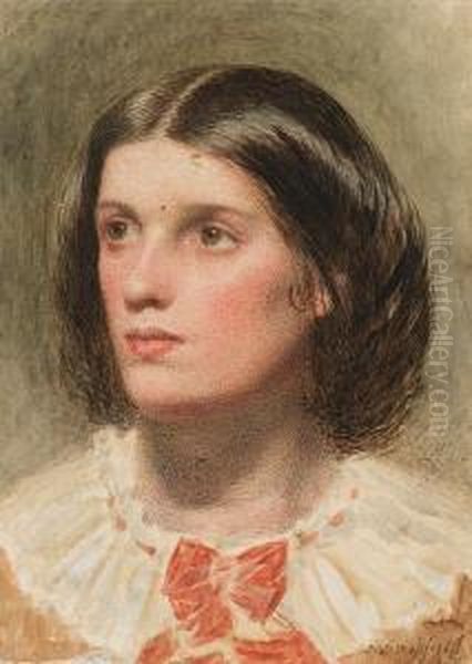 A Lady, Wearing Peach-coloured Dress And White Collar Tied With Coral-pink Bow Oil Painting by Frederick Smallfield, A.R.W.S.