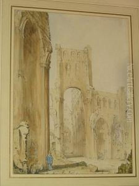 Abbey Ruins, With Figure Stood Before, Thought To Be Jumieges Oil Painting by William Frome Smallwood