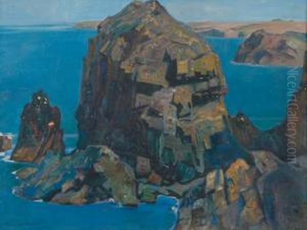 A Rocky Cornish Coastal Scene Oil Painting by Robert Borlase Smart