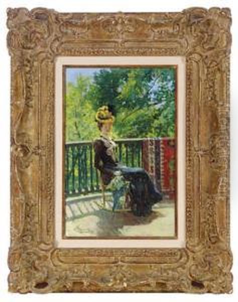 Seated Woman With Parasol On A Terrace Oil Painting by William Thomas Smedley