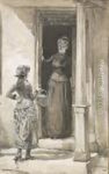 Three Drawings. Including Two Interior Scenes And One Depicting A Woman And A Young Lady In A Doorway. Oil Painting by William Thomas Smedley