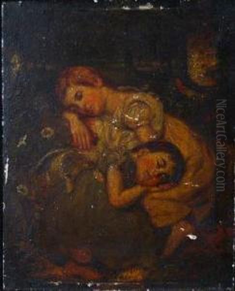 Two Girls Sleeping In A Landscape Oil Painting by James Smetham