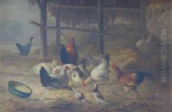 Chickens Feeding Oil Painting by Albert Smets