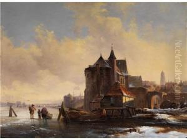 Hollandische Winterlandschaft Mit Blick Auf Ein Stadtchen Oil Painting by Louis Smets