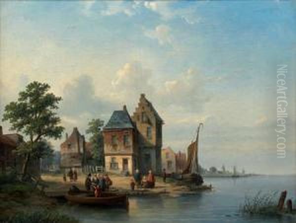 Village Au Bord D'un Fleuve Anime De Paysans Oil Painting by Louis Smets