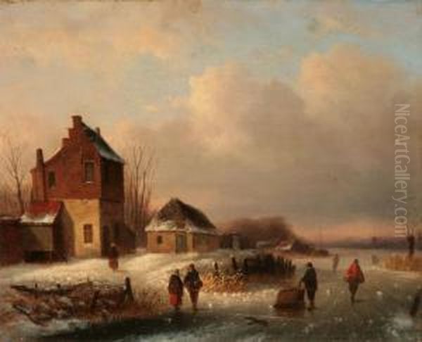 Villagers On A Frozen River Oil Painting by Louis Smets