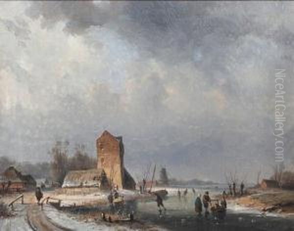 Skaters On A Frozen Canal Oil Painting by Louis Smets